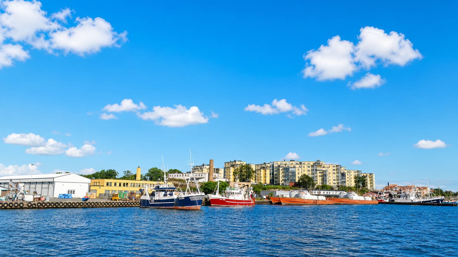 Saltö harbour in Karlskrona with fishing boats moored before waterfront apartment blocks under a bright blue sky