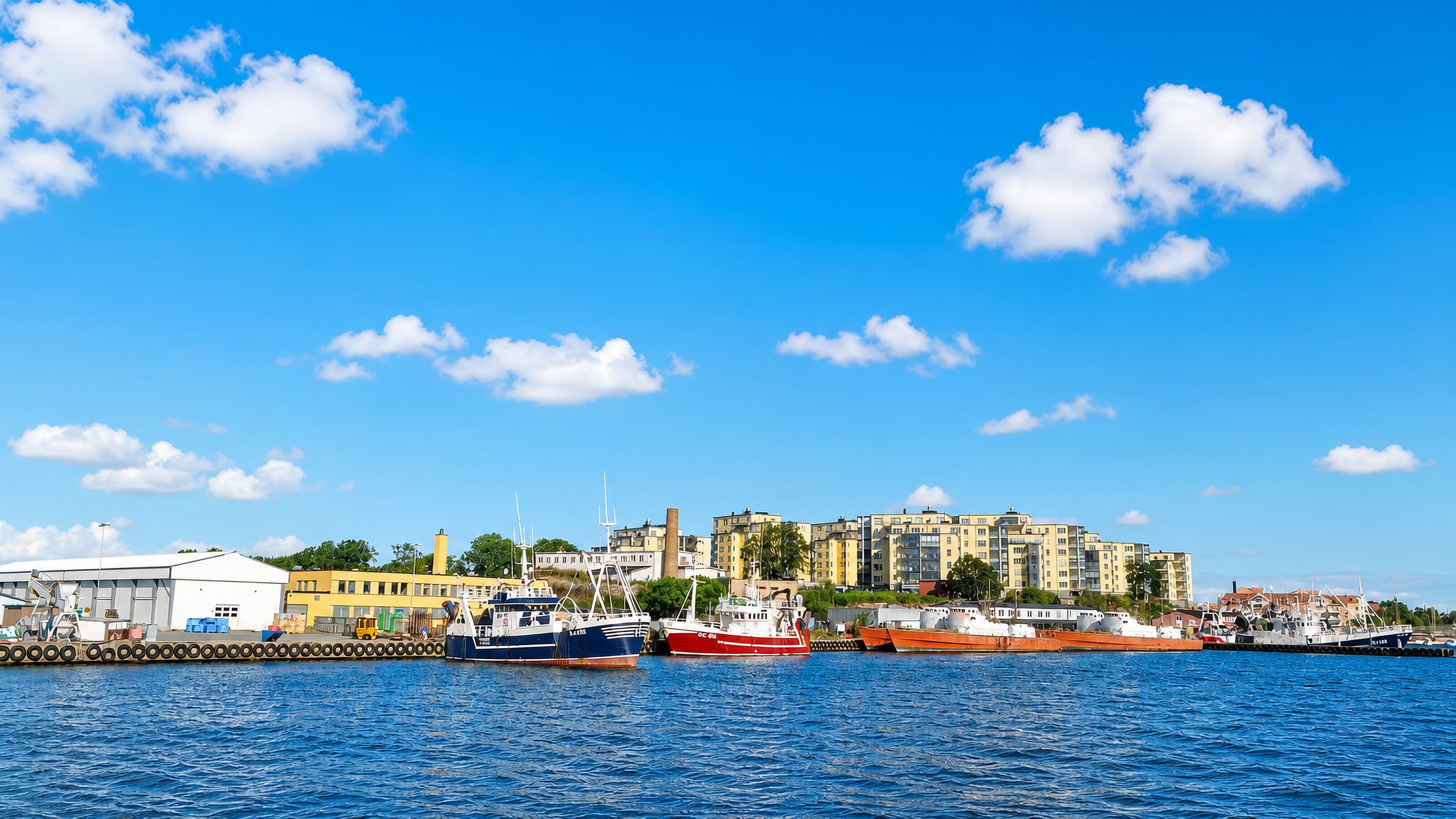 Saltö harbour in Karlskrona with fishing boats moored before waterfront apartment blocks under a bright blue sky