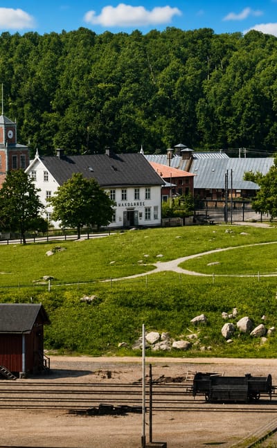 Olofström's historic ironworks with clock-tower building, brick chimney and red wooden barns above a boulder-strewn meadow