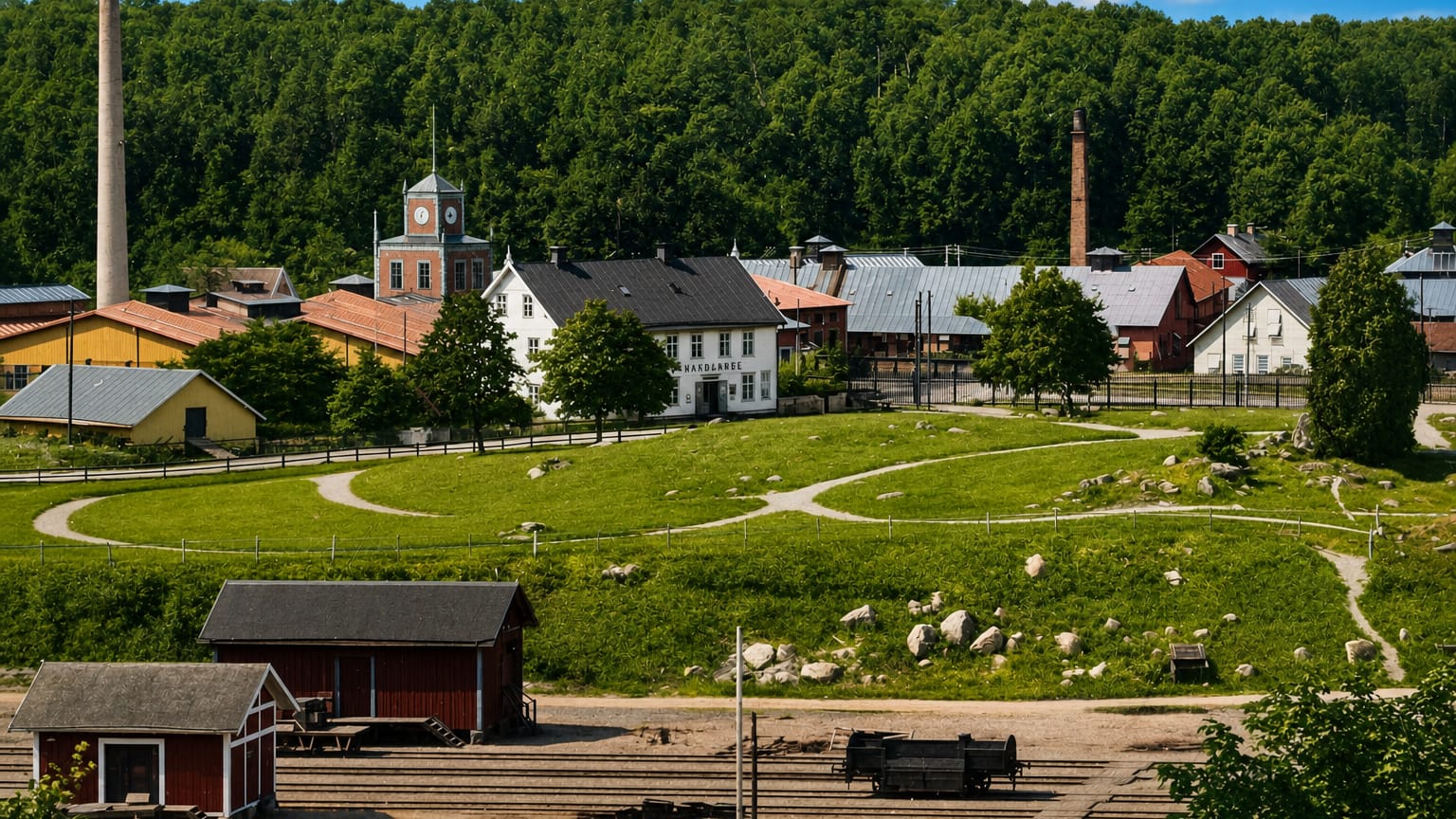 Olofström's historic ironworks with clock-tower building, brick chimney and red wooden barns above a boulder-strewn meadow