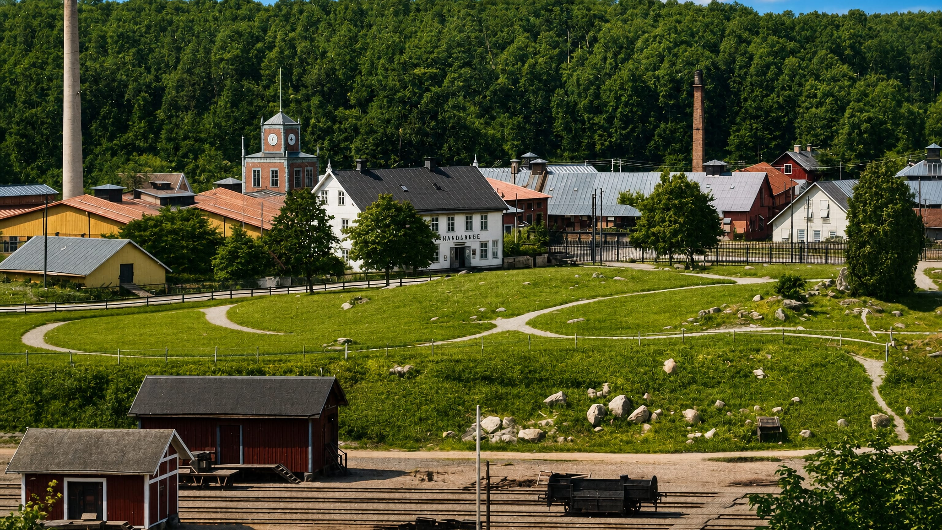 Olofström's historic ironworks with clock-tower building, brick chimney and red wooden barns above a boulder-strewn meadow