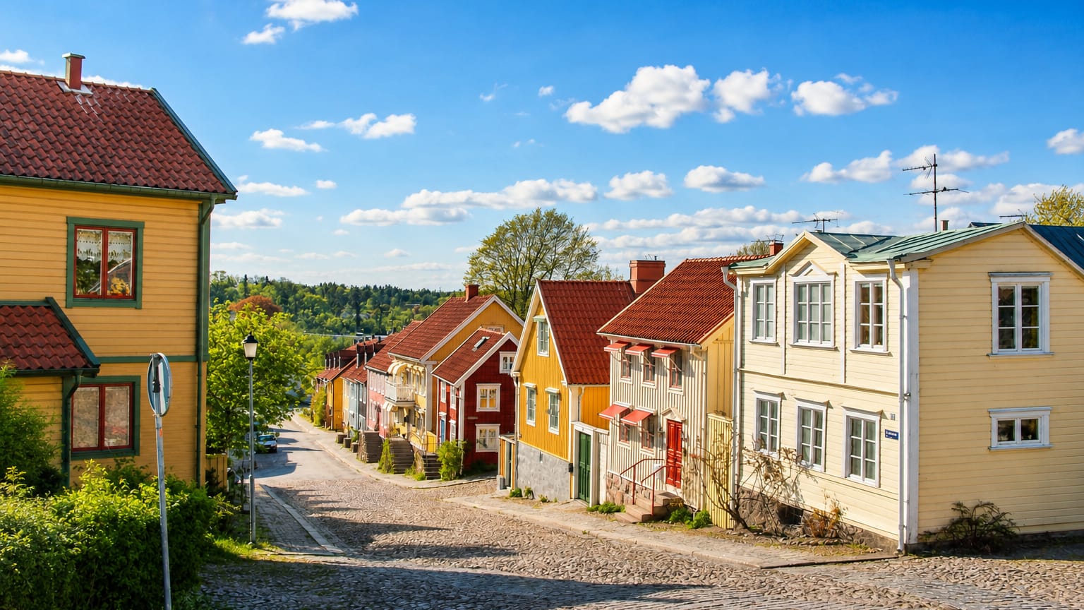 A steep cobbled Ronneby street lined with colourful traditional wooden houses under a blue sky with clouds.