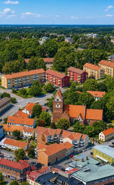 Aerial view of Solvesborg's town centre with its tall brick church tower rising among red-roofed houses.