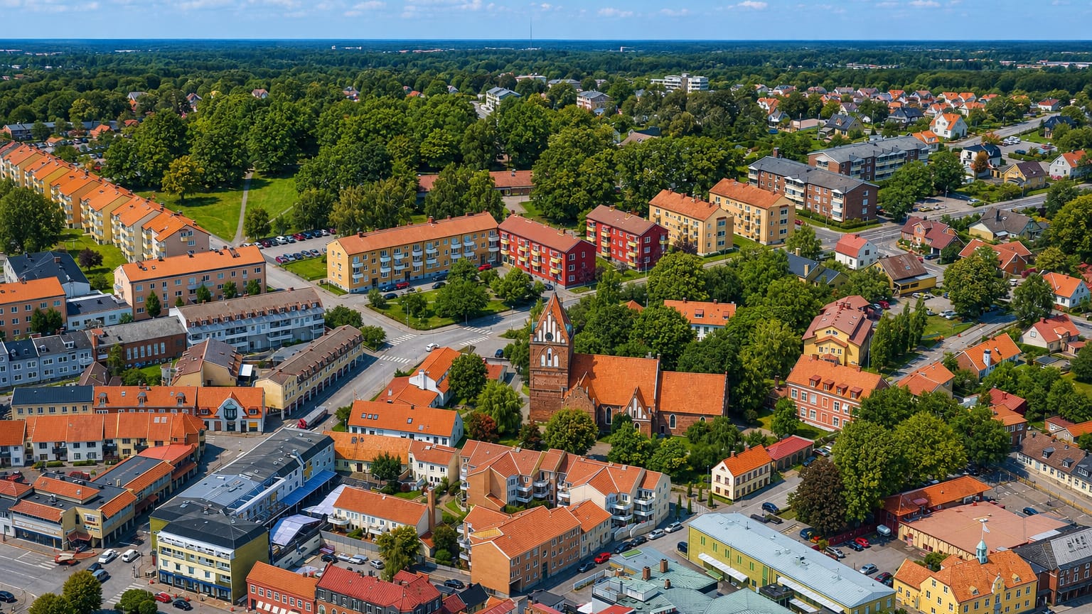 Aerial view of Solvesborg's town centre with its tall brick church tower rising among red-roofed houses.