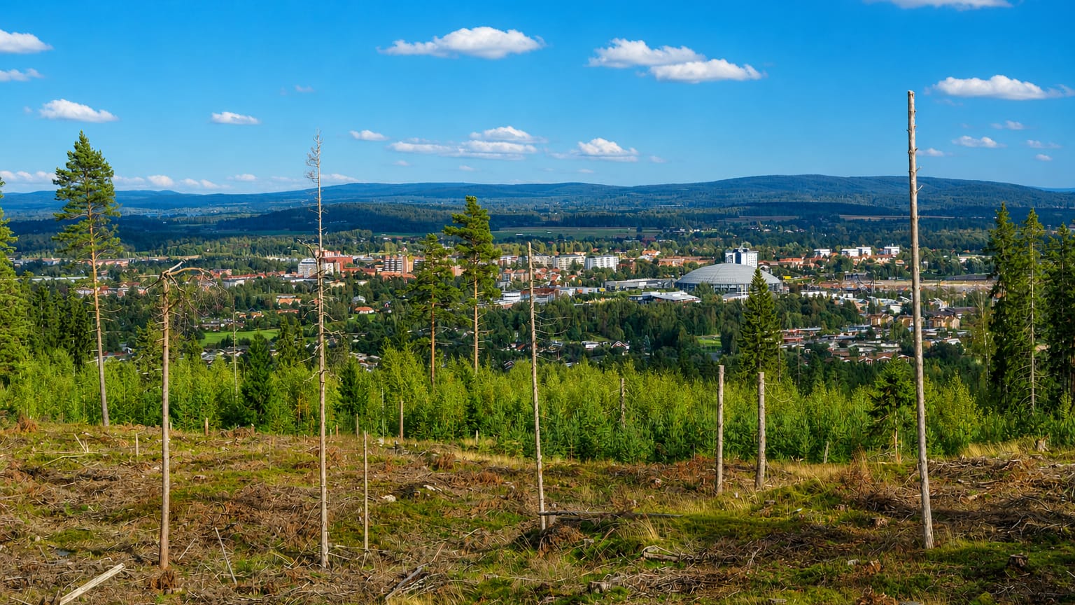 Borlange, Sweden, seen from a forested hilltop, its rooftops and domed arena set in a wide Dalarna valley.
