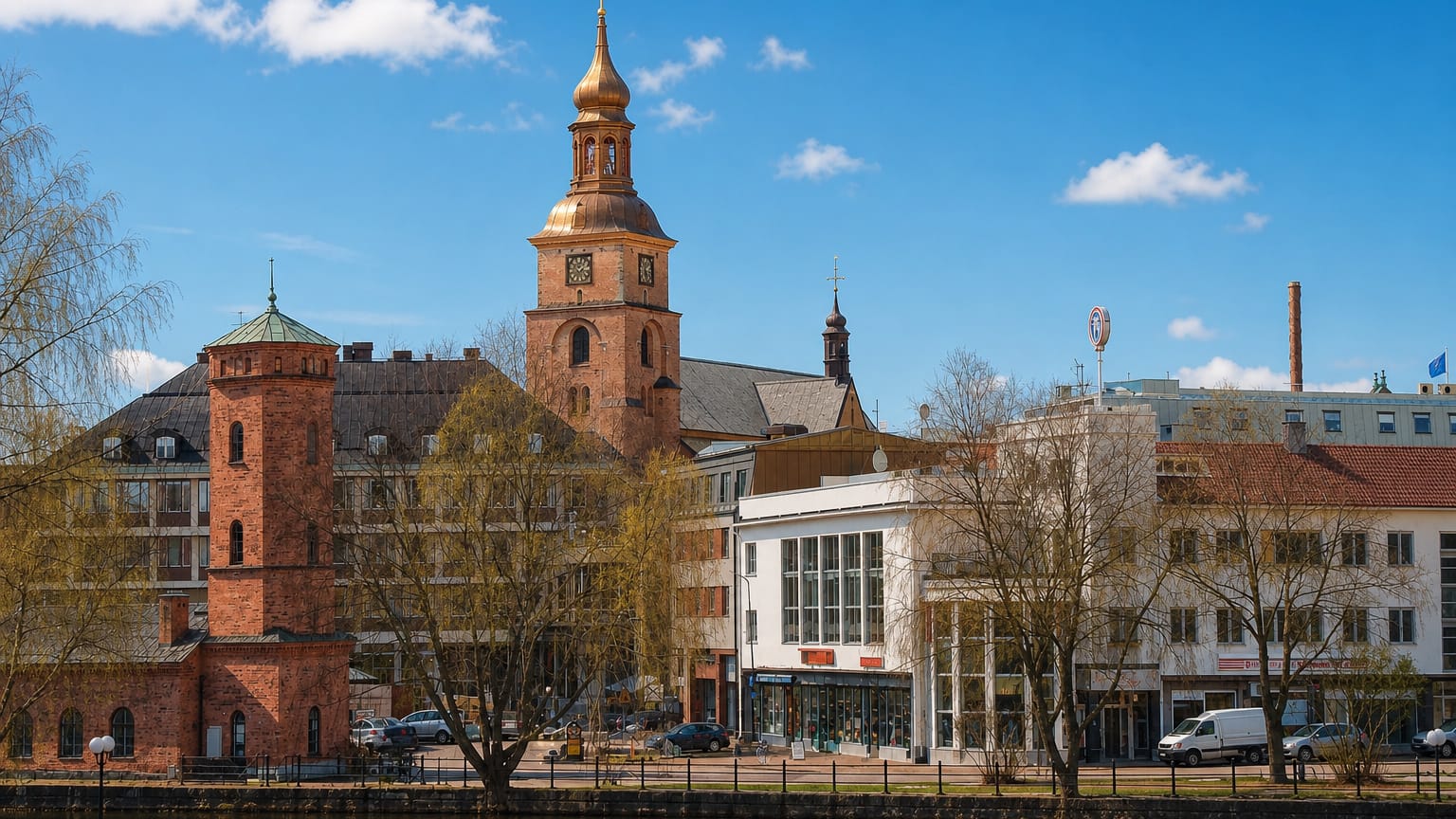 Falun waterfront along the Faluan river with the gilded onion-dome tower of Kristine Church under a blue sky