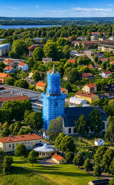 Aerial view of Hedemora's church and red-roofed town beside a lake in Dalarna, Sweden.