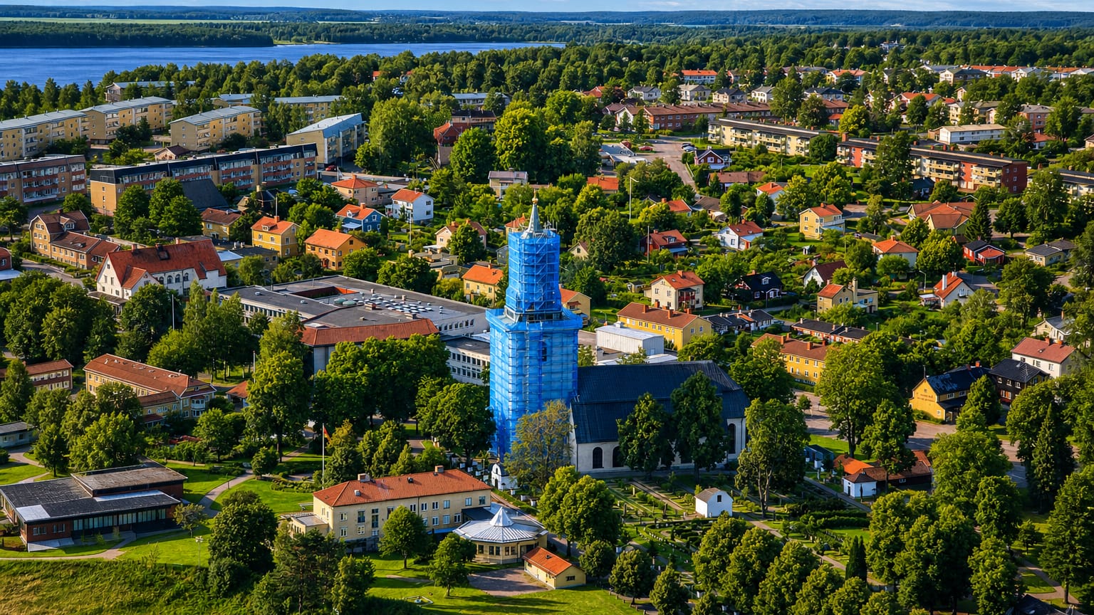 Aerial view of Hedemora's church and red-roofed town beside a lake in Dalarna, Sweden.