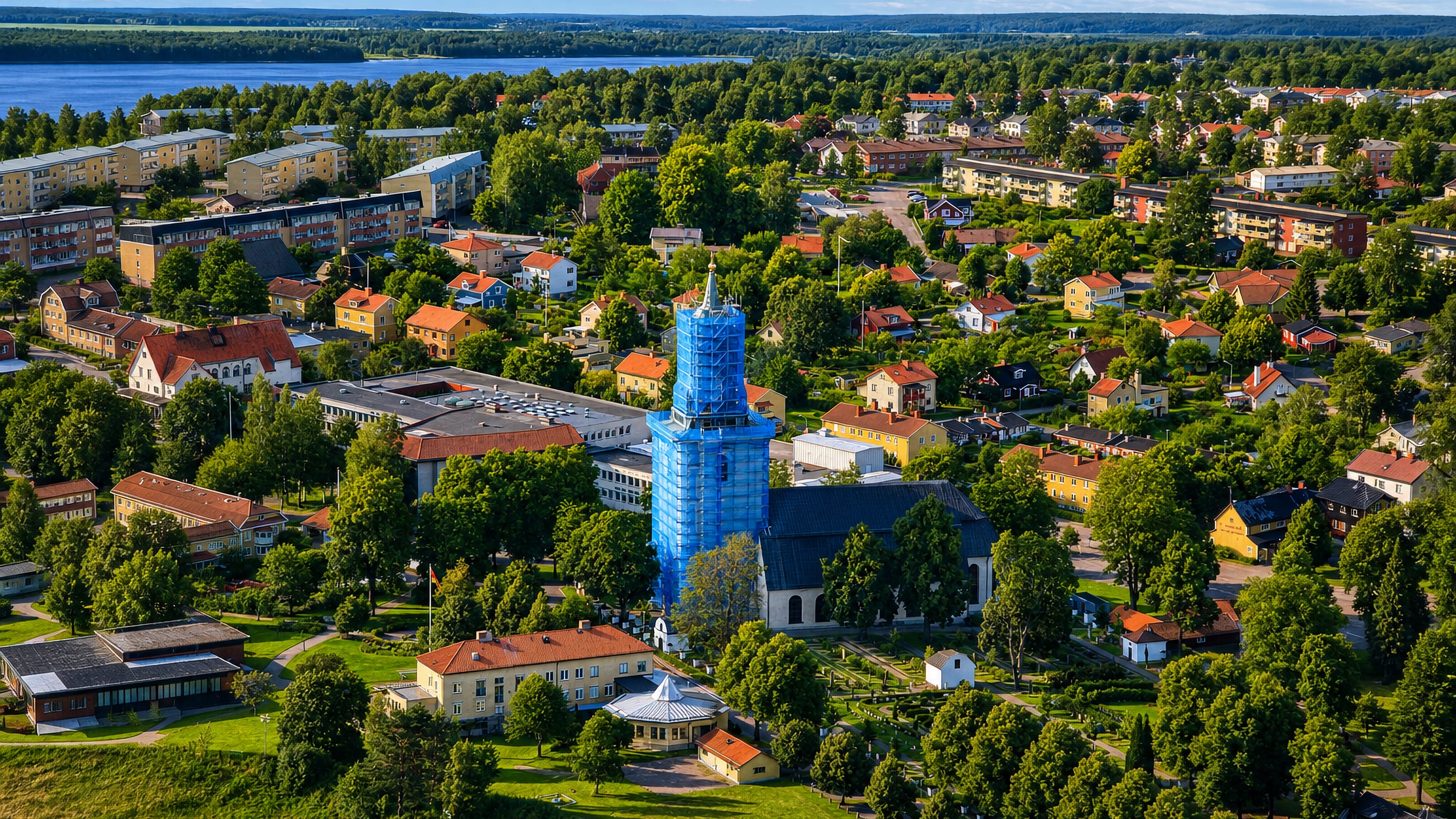 Aerial view of Hedemora's church and red-roofed town beside a lake in Dalarna, Sweden.