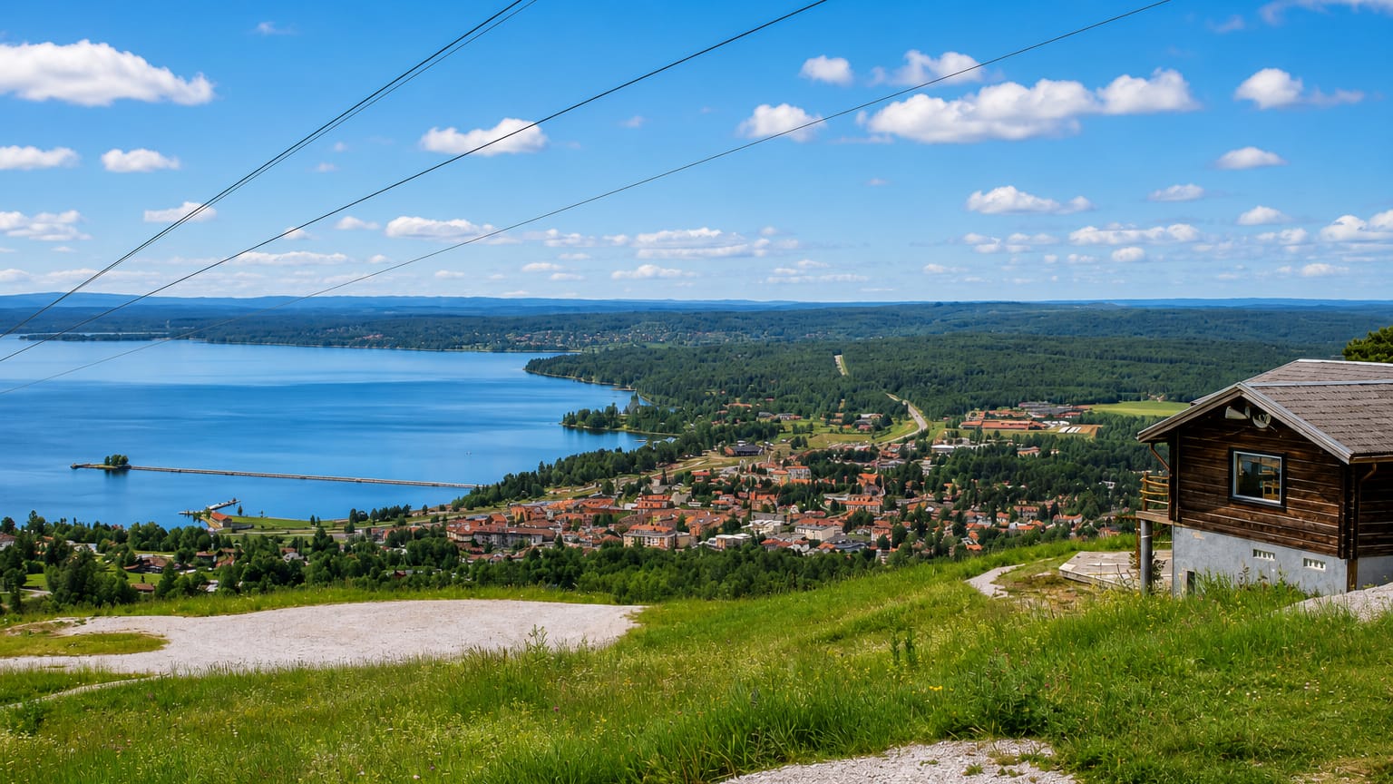 Rattvik, Sweden, along the shore of Lake Siljan with its long pier reaching into the water, seen from the hillside.