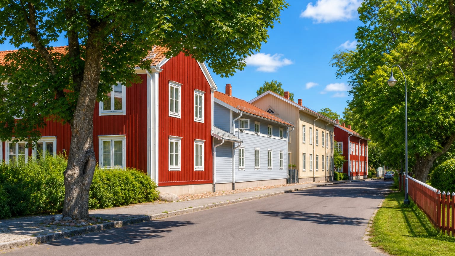 Sunlit street of red and pastel wooden houses in Smedjebacken, Dalarna, Sweden.