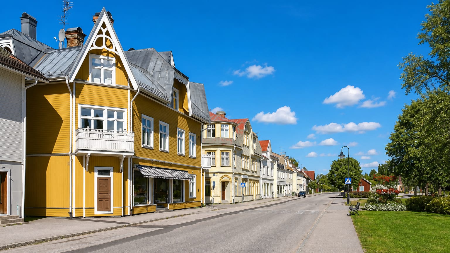 Sunny street in Vansbro lined with traditional yellow wooden houses and green trees under a blue sky.