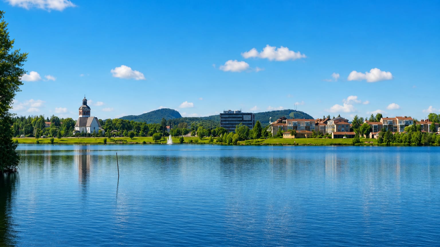 Bollnäs, Sweden, viewed across a calm lake, with a white church tower, a modern block and forested hills on the far shore.