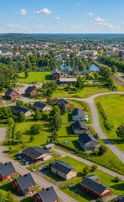 Aerial view of Edsbyn, Sweden, its church spire and red houses along the river amid Hälsingland forest.