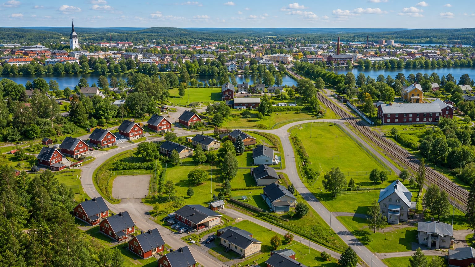 Aerial view of Edsbyn, Sweden, its church spire and red houses along the river amid Hälsingland forest.