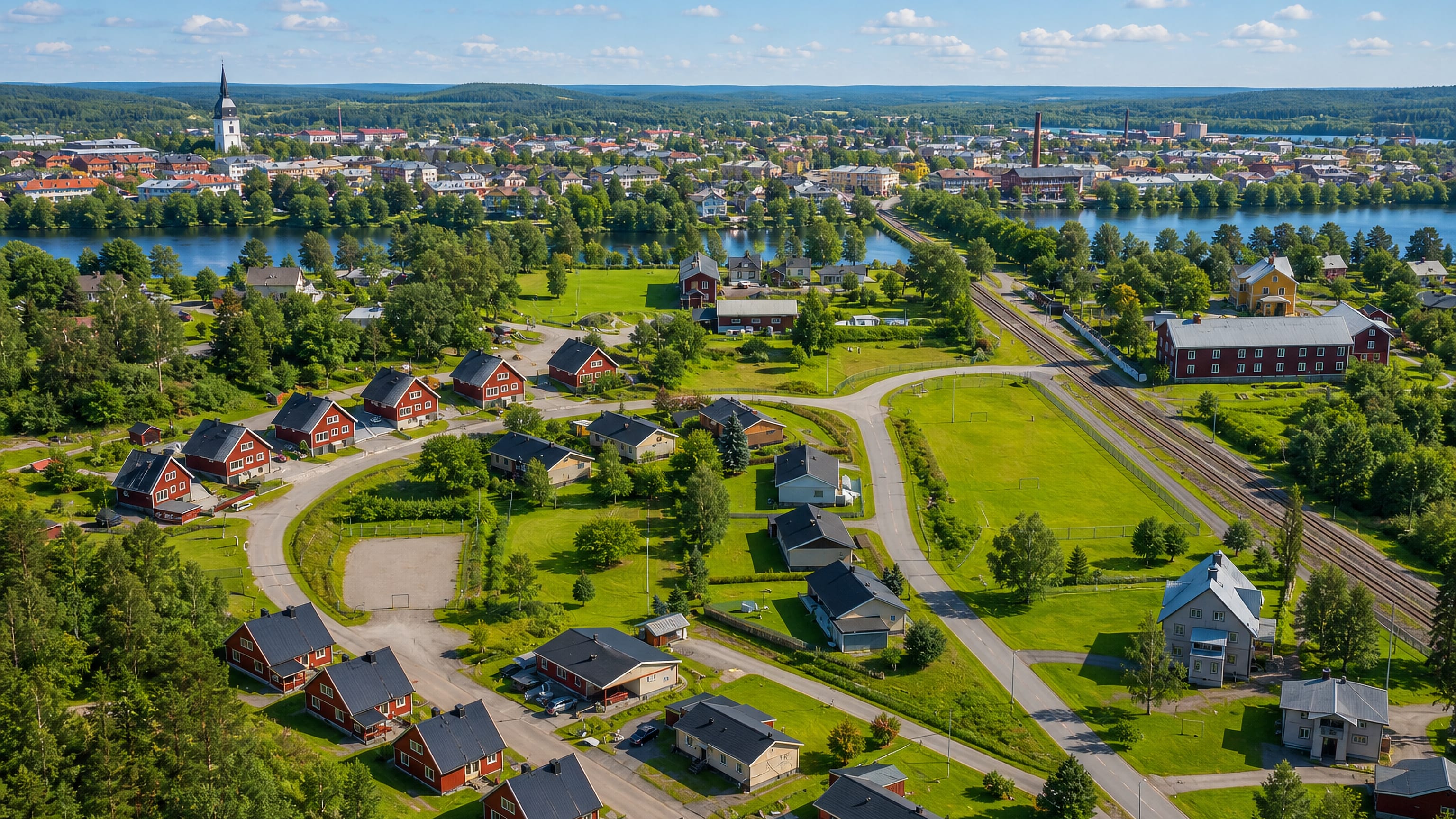 Aerial view of Edsbyn, Sweden, its church spire and red houses along the river amid Hälsingland forest.