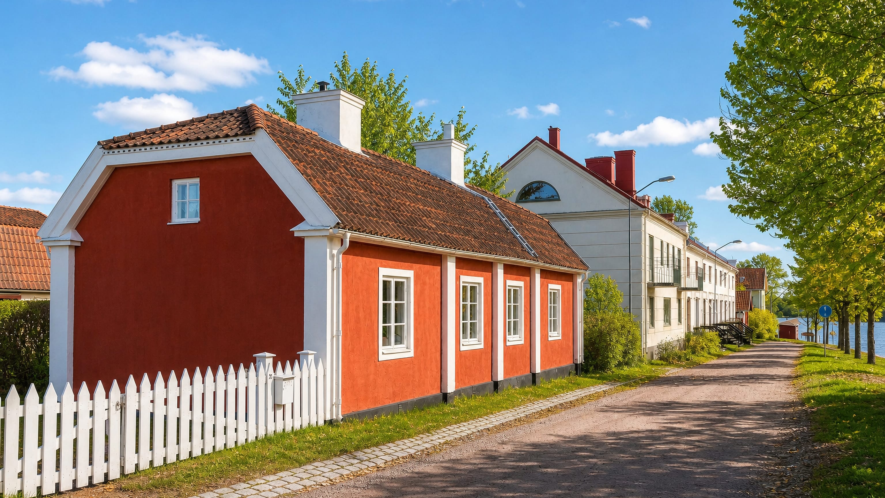 Falu-red timber houses and a white picket fence along a gravel lane at Stromsbro in Gavle