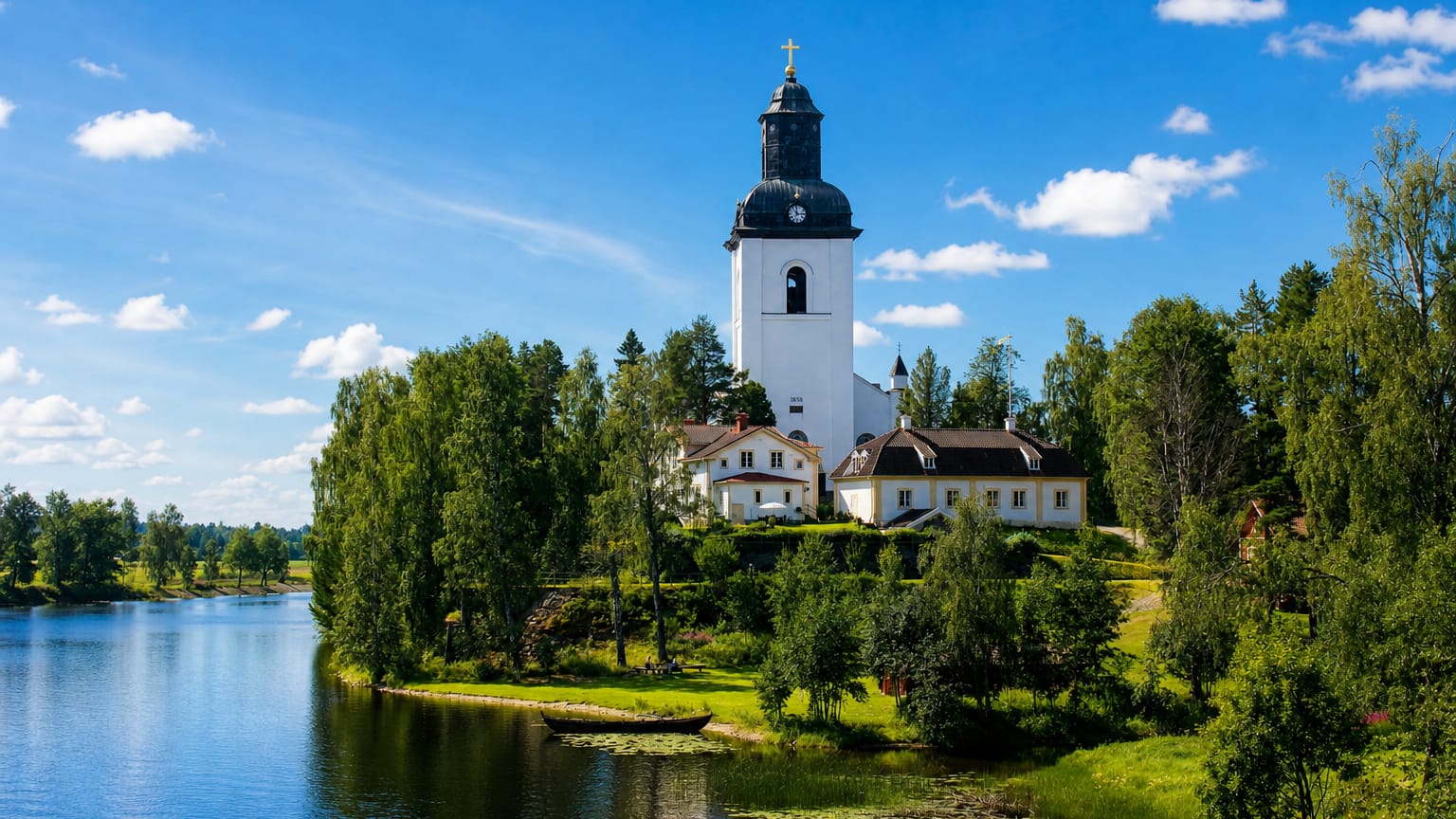 White church with a black domed tower rising above a wooded lakeshore in Ljusdal, Sweden.