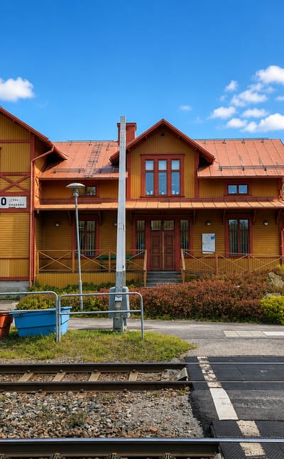 Historic yellow-and-red wooden railway station with a legible OCKELBO sign in Ockelbo, Sweden.