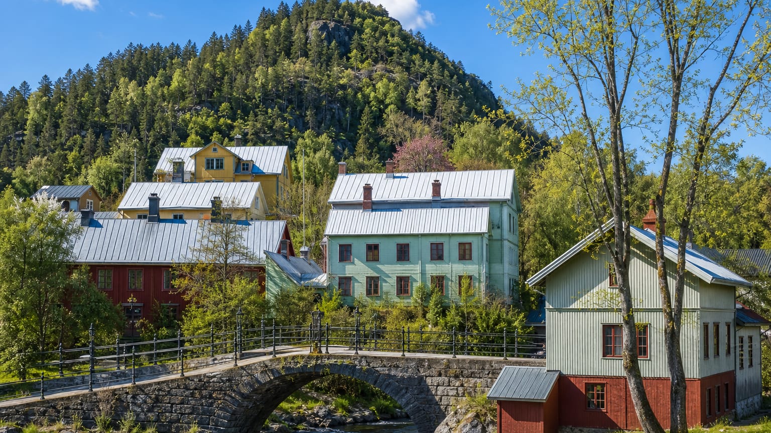 Timber houses with metal roofs and a stone arch bridge over a stream below a forested hill in Sandviken, Sweden.