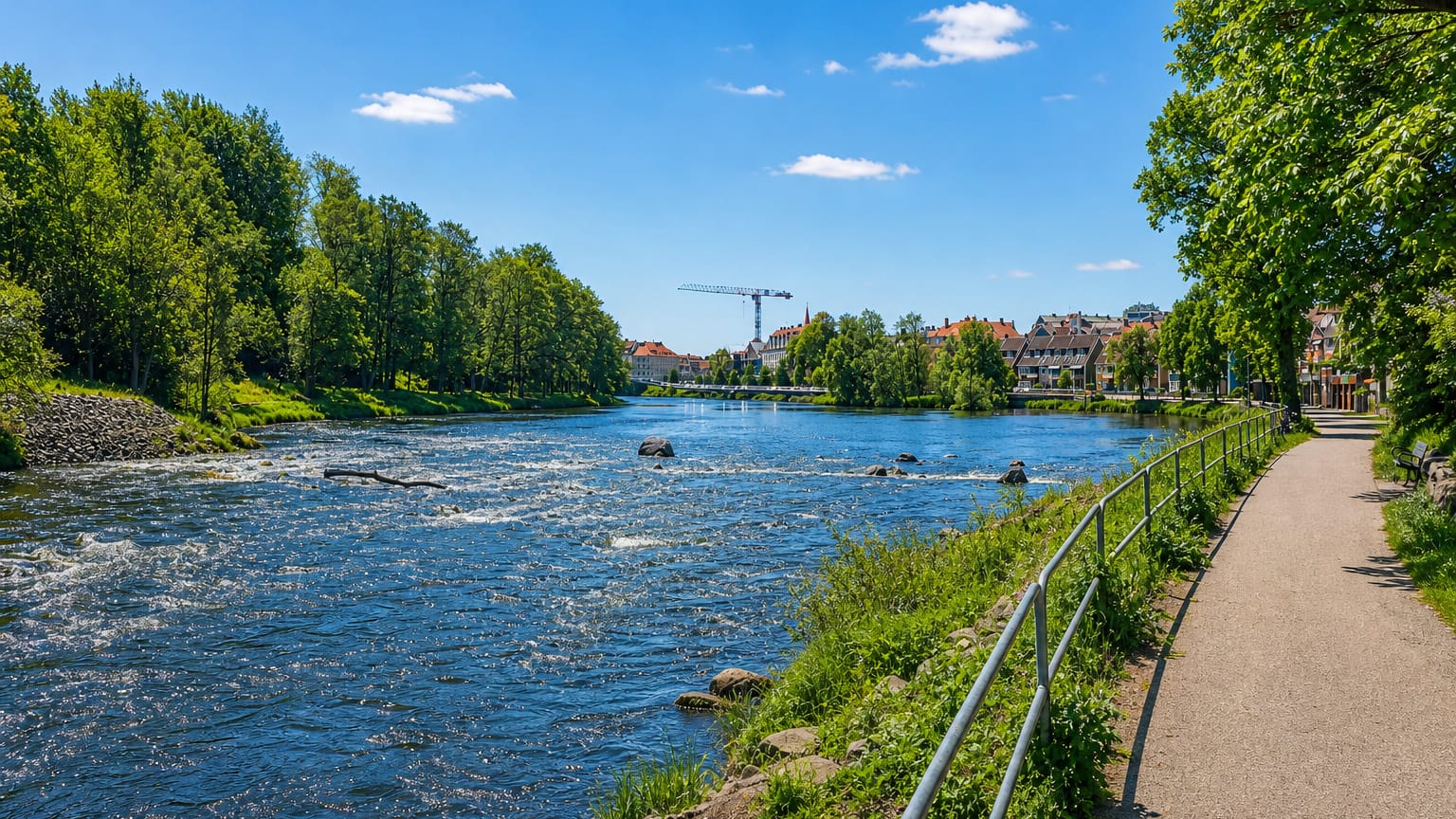 The Atran river running through Falkenberg with rapids, a riverside walking path and town buildings beyond
