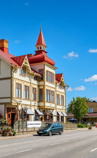 Ornate cream-and-red wooden building with a turret along a quiet main street in Bracke, Jamtland, Sweden.