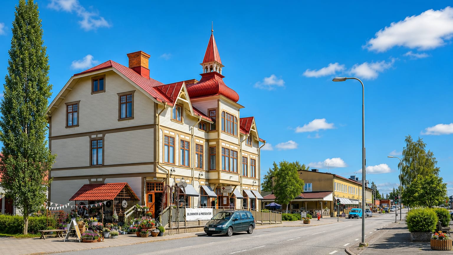 Ornate cream-and-red wooden building with a turret along a quiet main street in Bracke, Jamtland, Sweden.