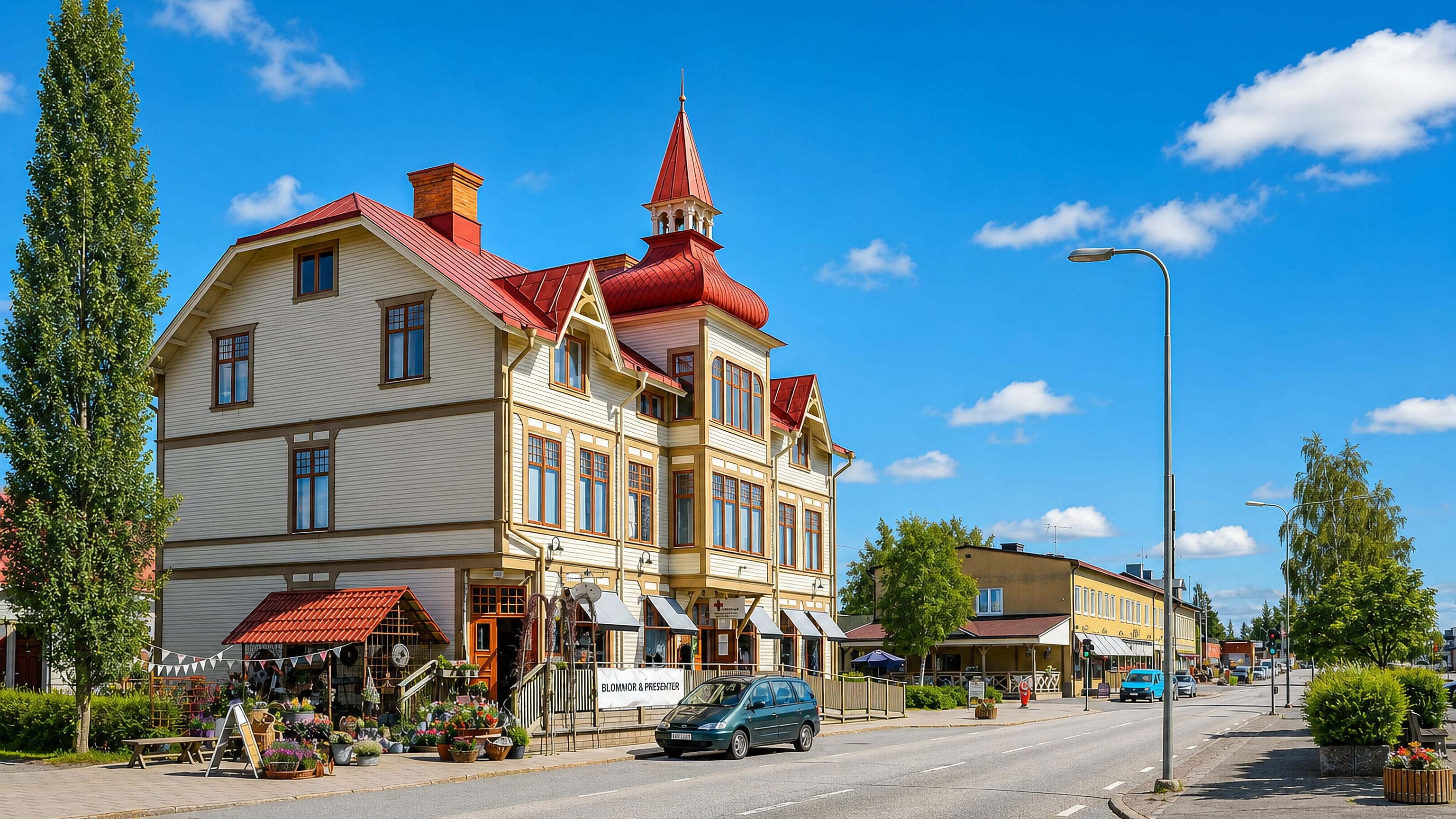 Ornate cream-and-red wooden building with a turret along a quiet main street in Bracke, Jamtland, Sweden.