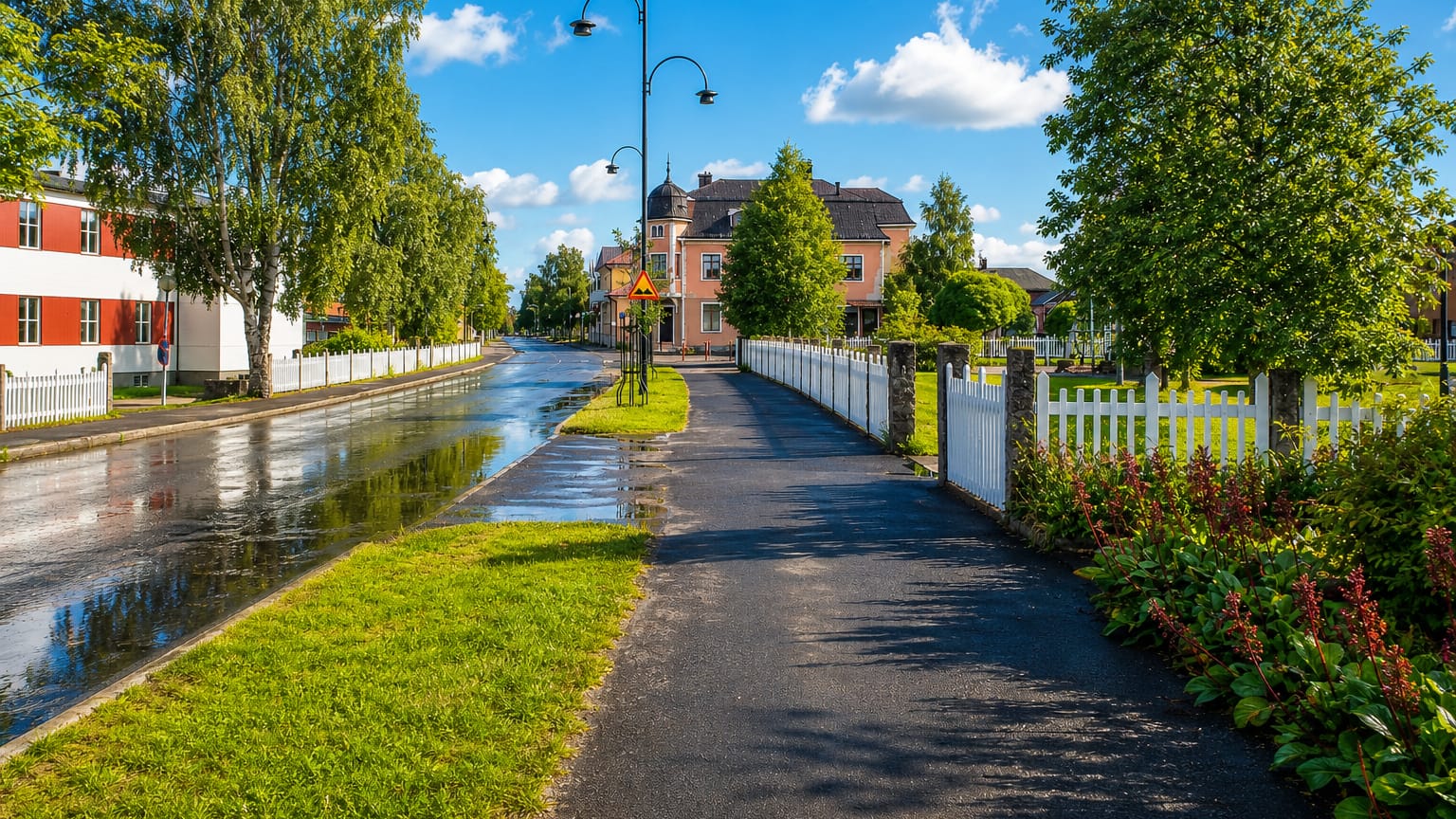 A tree-lined riverside path and street leading toward Sveg's manor-style buildings under a blue summer sky.