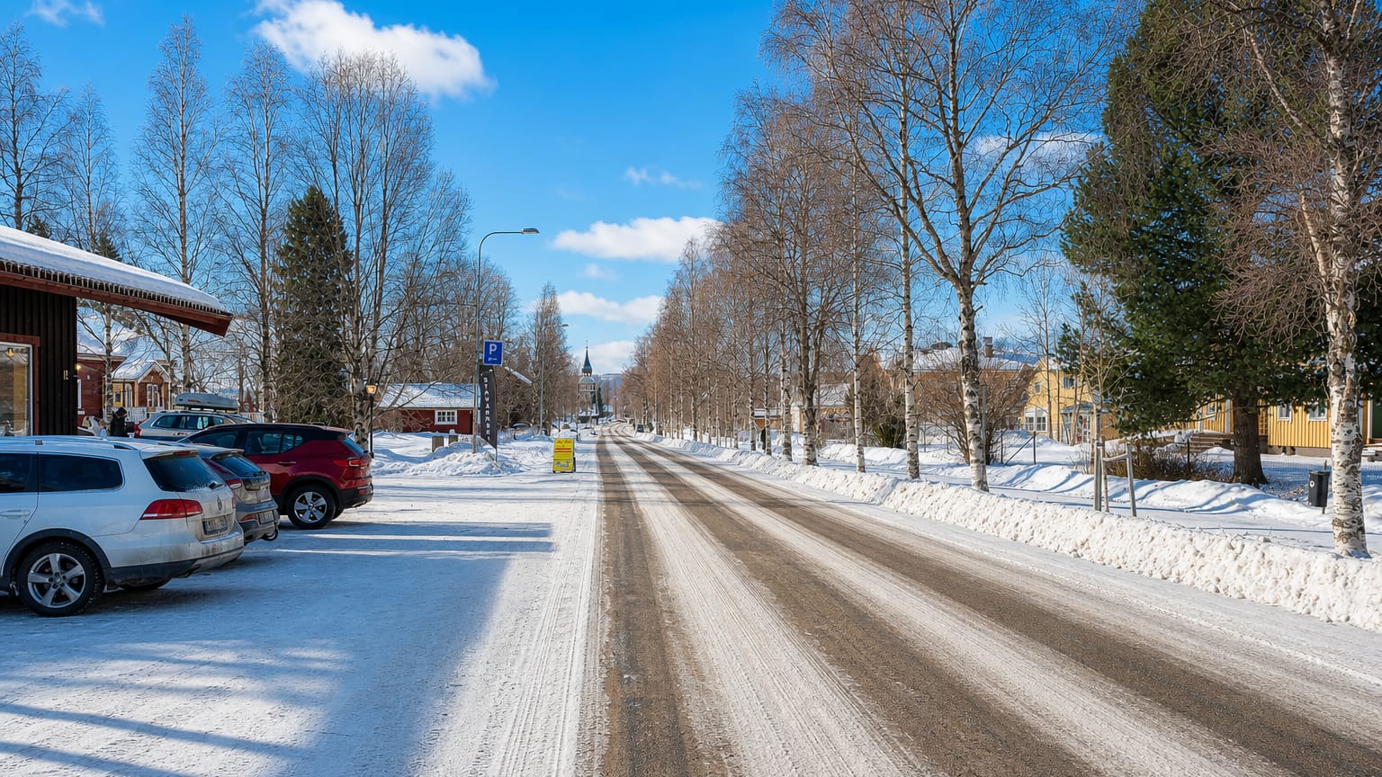Snow-covered main street in Vemdalen lined with birches and red timber houses, a church spire in the distance.