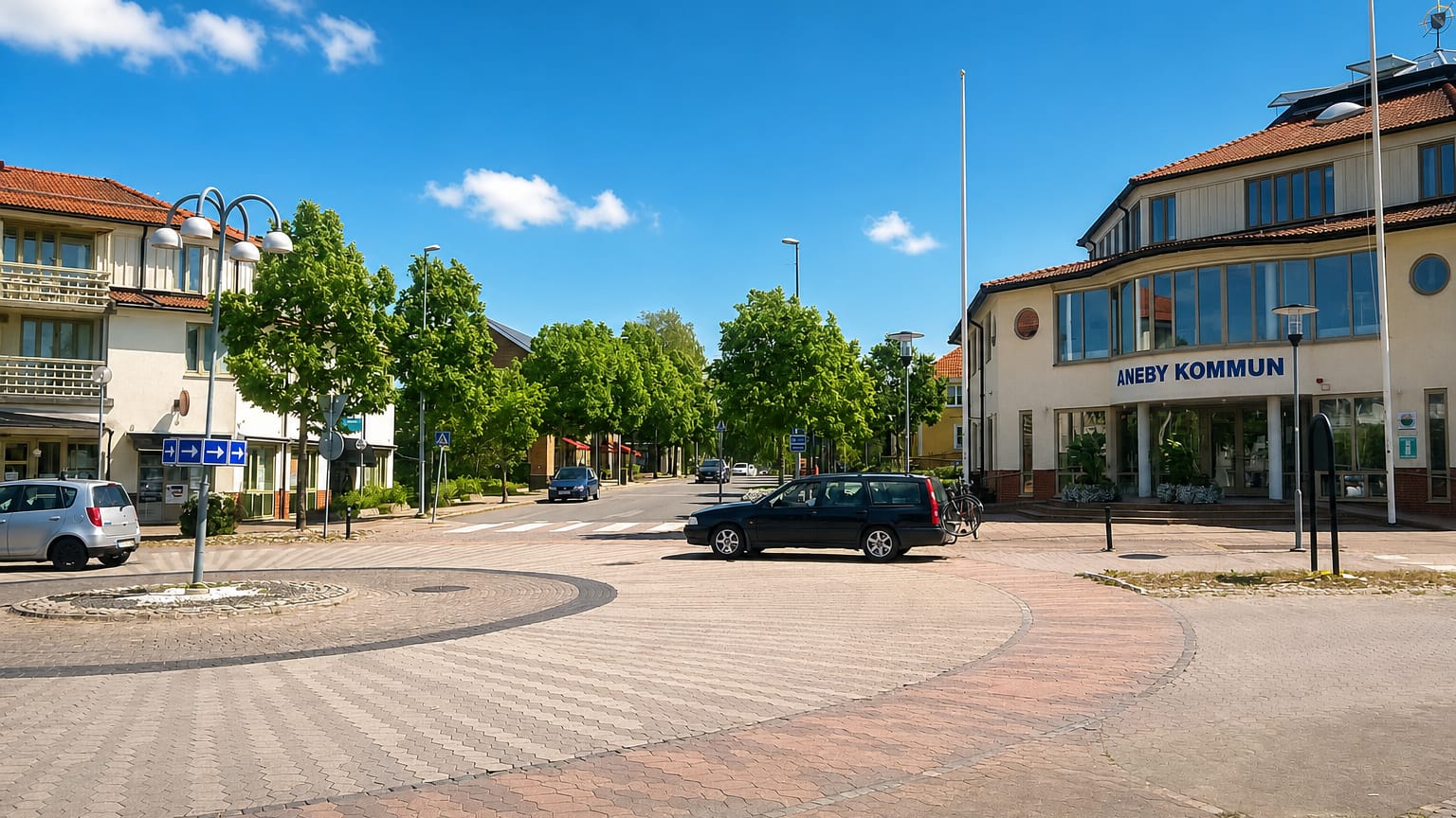Brick-paved town square in Aneby, Sweden, fronting the Aneby Kommun municipal building under a blue sky