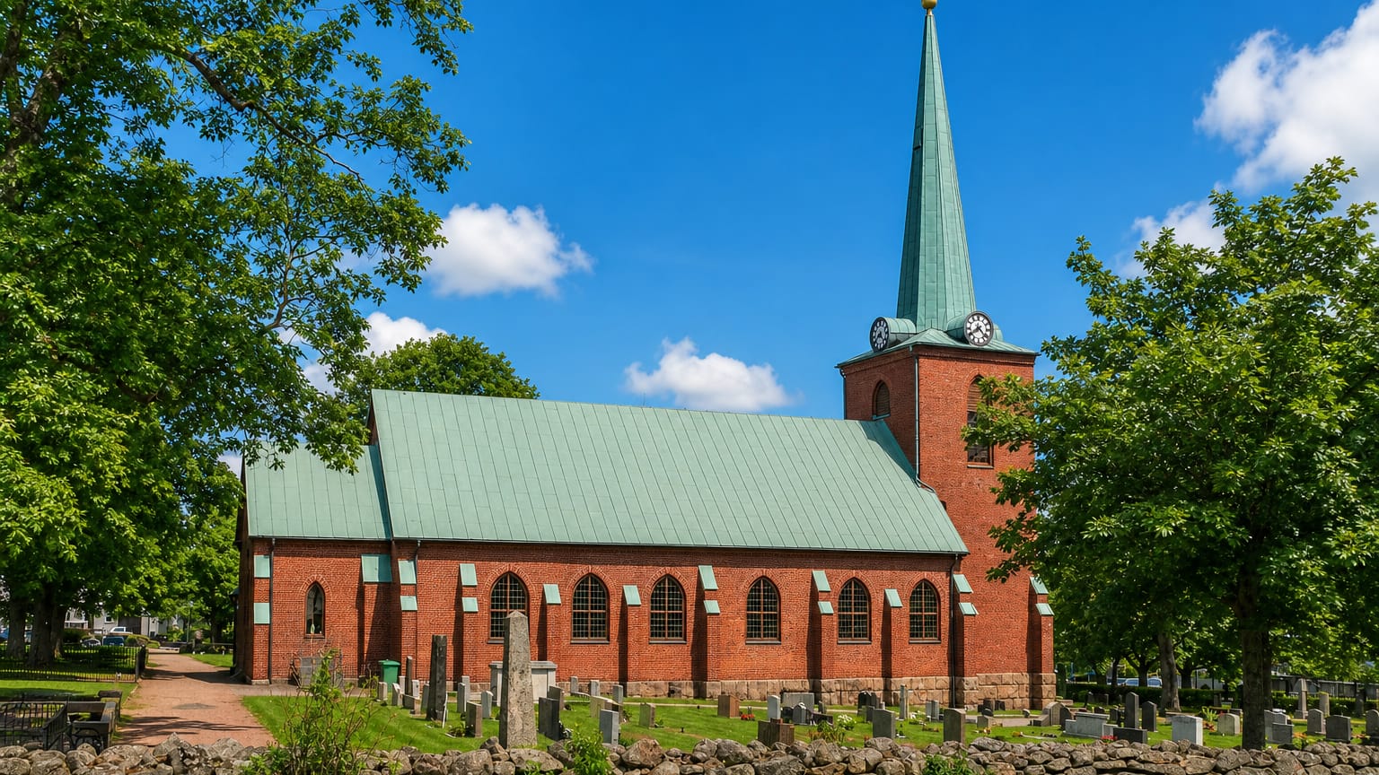 Red-brick church with a green copper spire and adjoining cemetery behind a stone wall in Gislaved, Sweden.