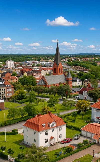 Aerial view of Nässjö, Sweden with its red-brick church spire above orange-roofed houses and a distant lake