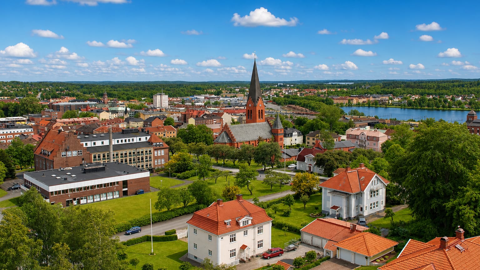 Aerial view of Nässjö, Sweden with its red-brick church spire above orange-roofed houses and a distant lake