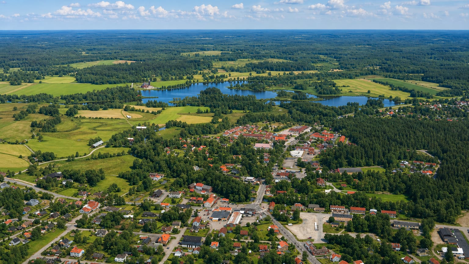 Aerial view of Savsjo, Sweden, nestled among forests and fields with a lake beyond under a summer sky.