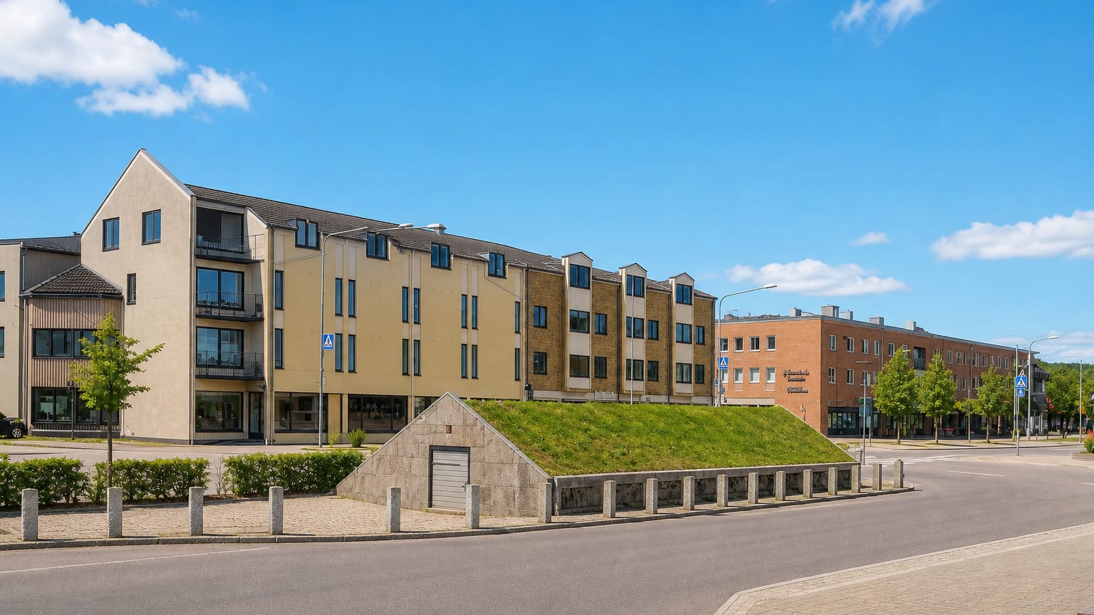 Modern apartment blocks and a grass-covered mound along an empty street in Emmaboda, southern Sweden.