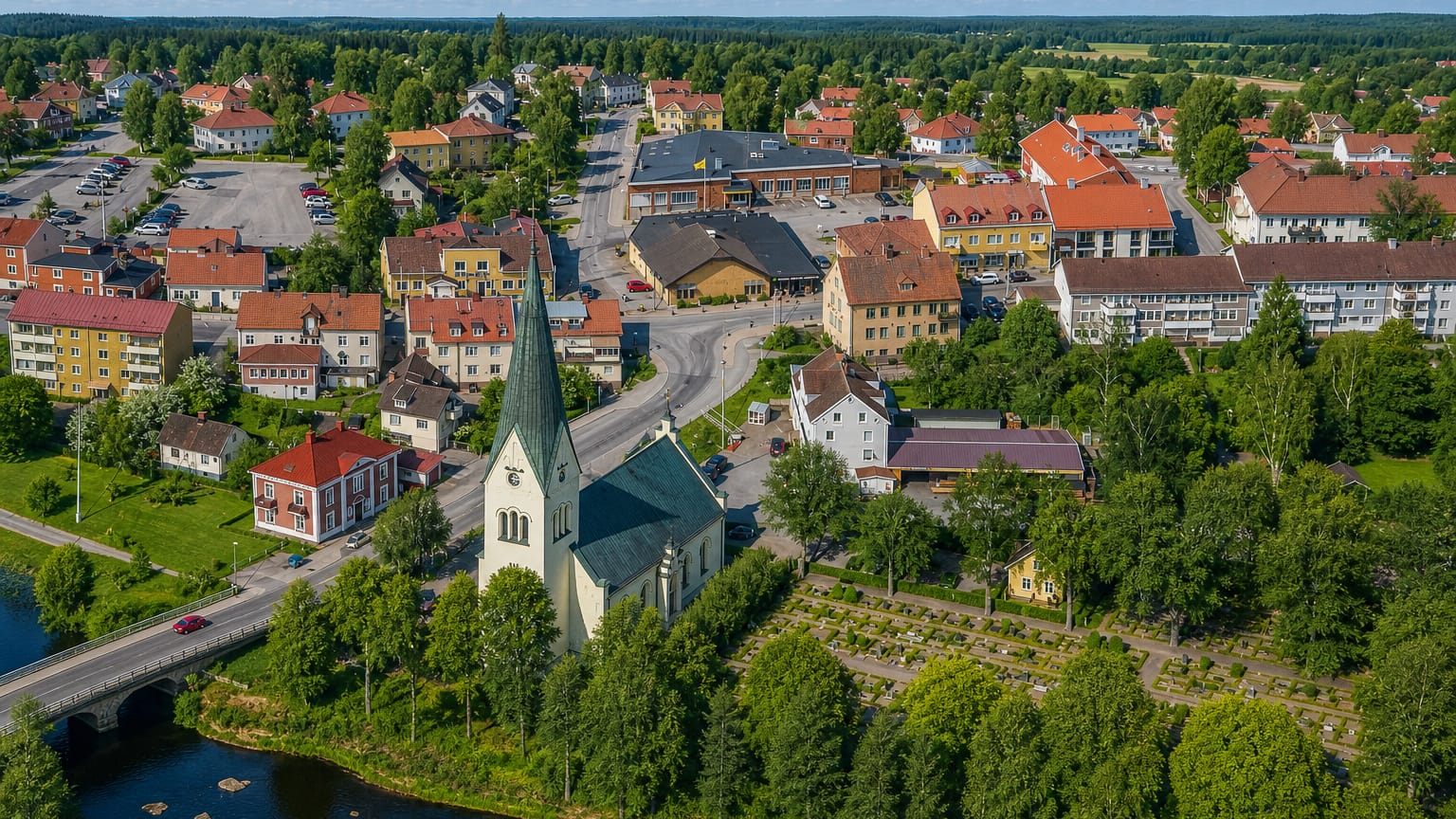 Aerial view of Högsby, Sweden, its green-spired church and red-roofed houses beside the Emån river and a stone bridge.