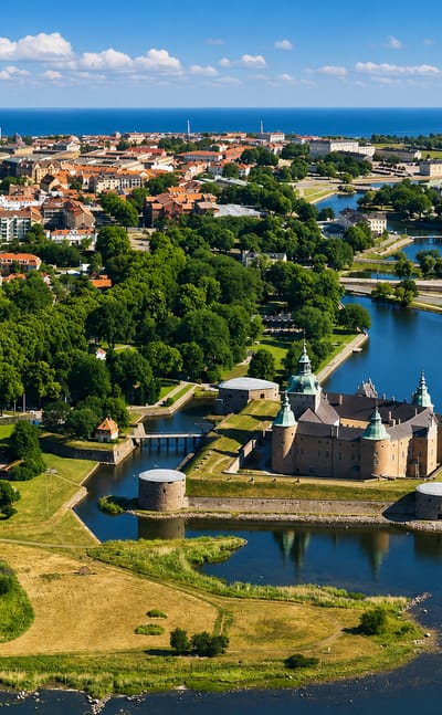 Aerial view of Kalmar Castle on its island moat with the town and Baltic Sea beyond