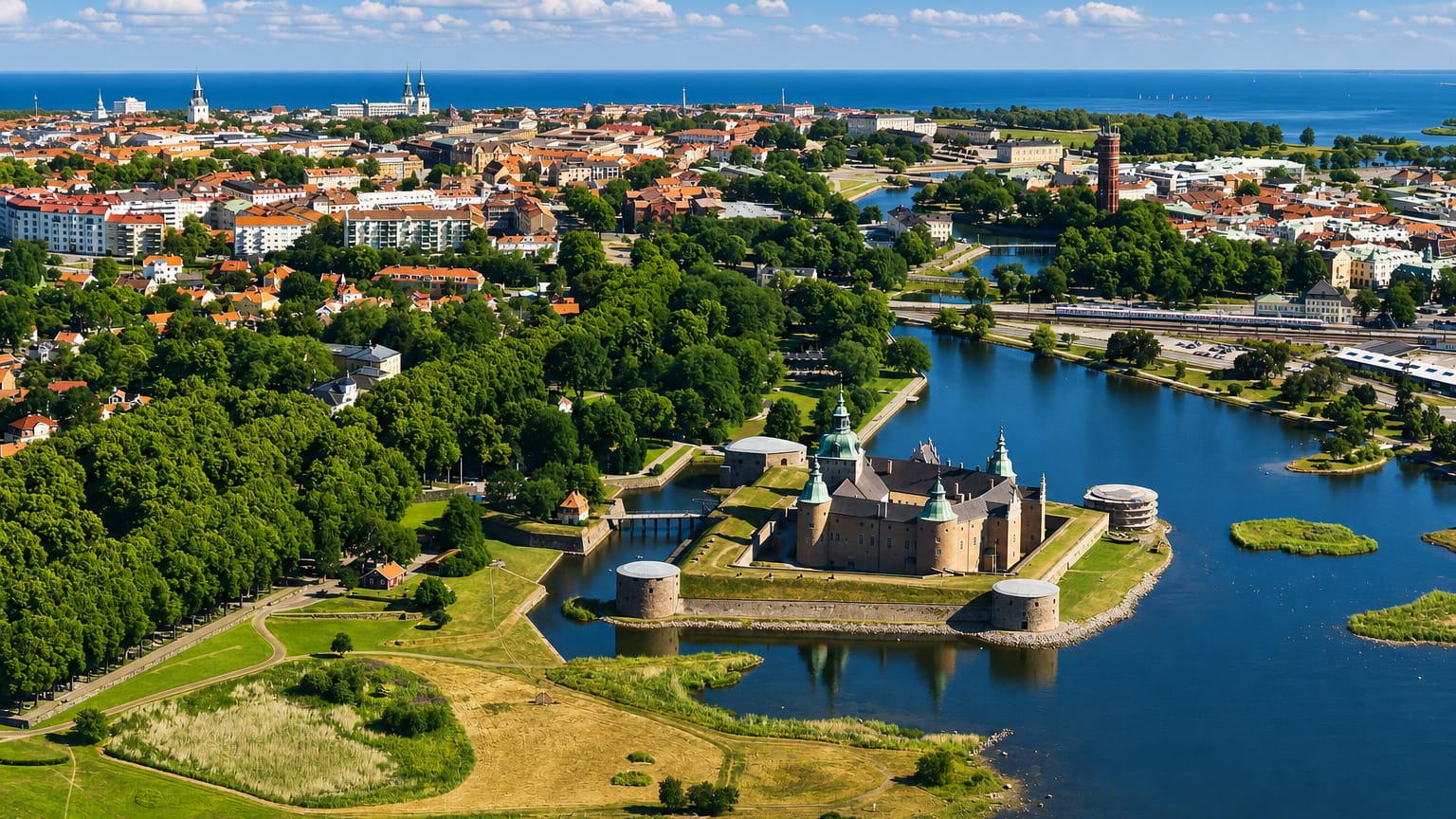 Aerial view of Kalmar Castle on its island moat with the town and Baltic Sea beyond