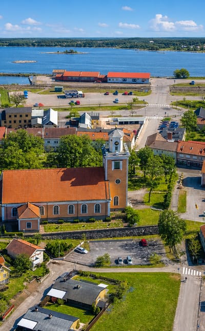 Aerial view of Monsteras with its church and harbour on the Kalmarsund coast of southeast Sweden