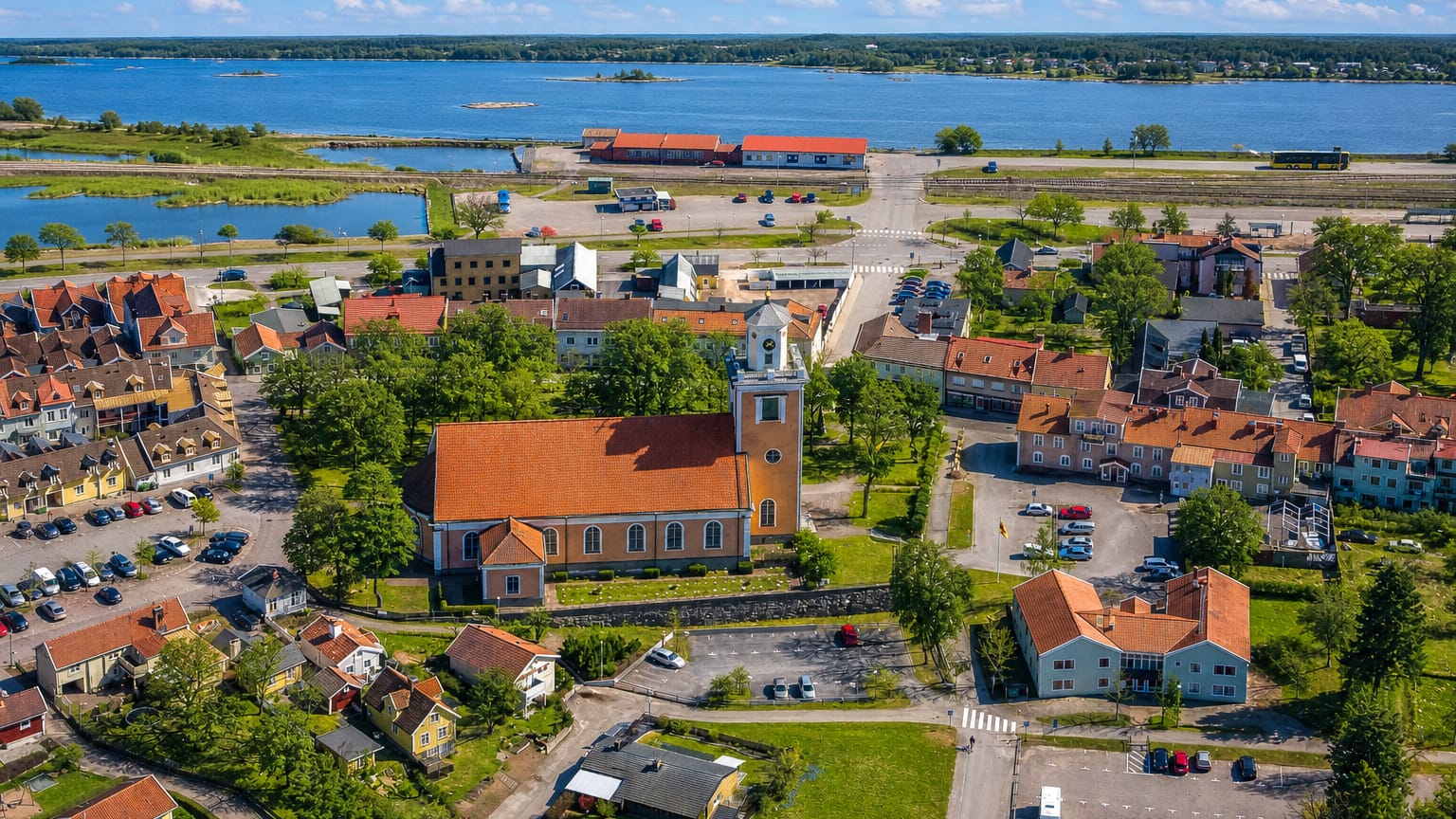 Aerial view of Monsteras with its church and harbour on the Kalmarsund coast of southeast Sweden