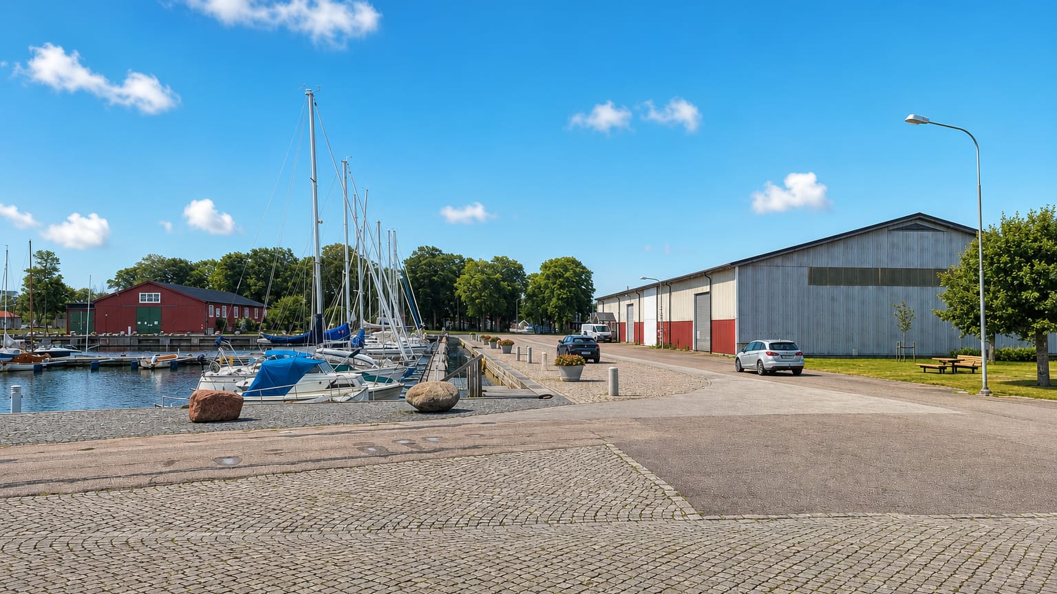 Mörbylånga harbour on Öland with moored sailboats, a red boathouse and a large quayside warehouse, Sweden.