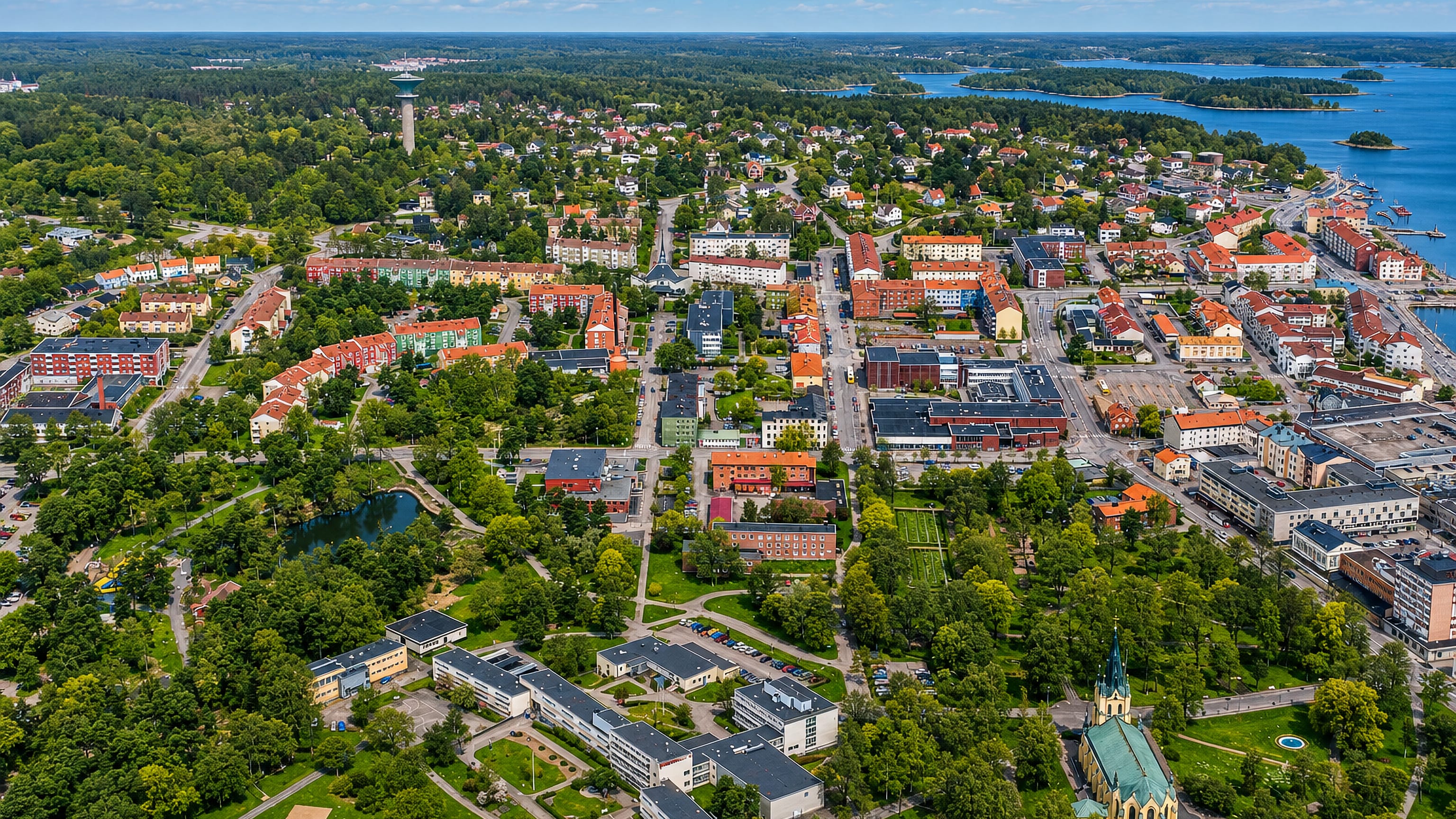 Aerial view of Oskarshamn's colourful town centre, water tower and harbour on the Baltic archipelago coast.