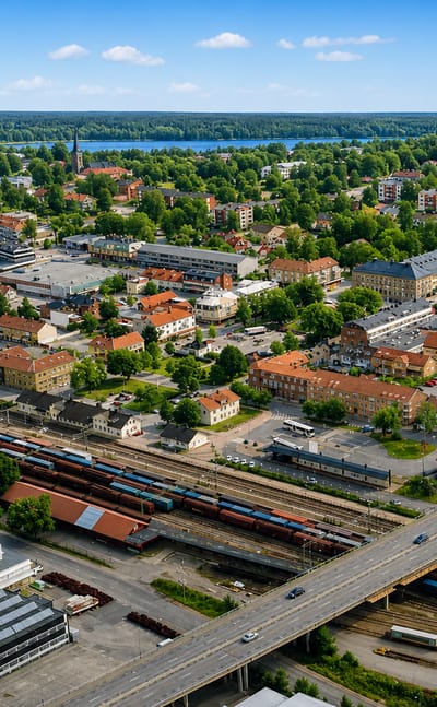 Aerial of Almhult, Sweden, showing the town centre with a church, rail yard and a lake beyond the treeline.