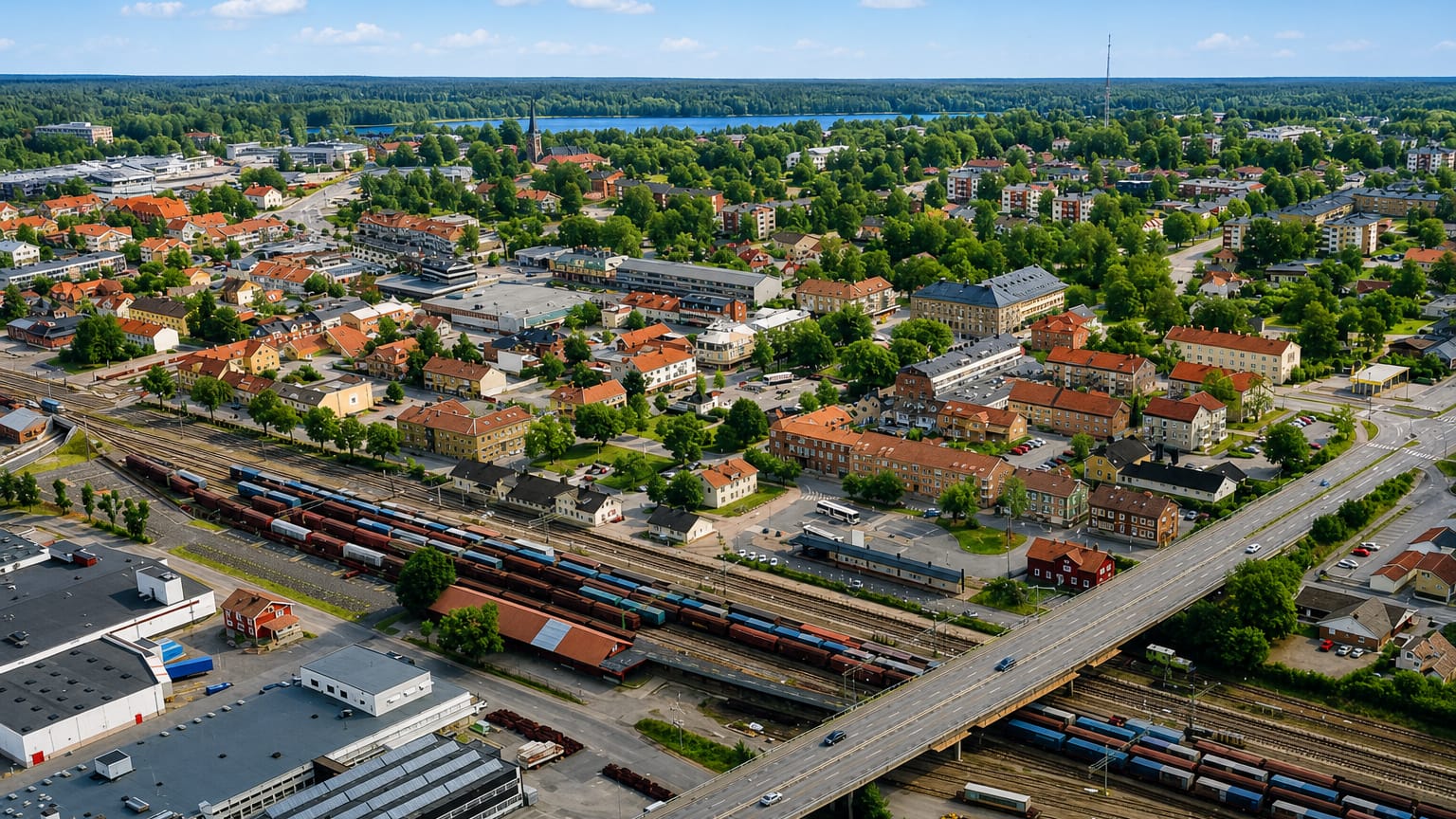 Aerial of Almhult, Sweden, showing the town centre with a church, rail yard and a lake beyond the treeline.