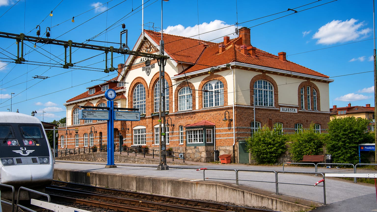 Historic red-brick railway station building signed Alvesta beside the platform and tracks in Alvesta, Sweden