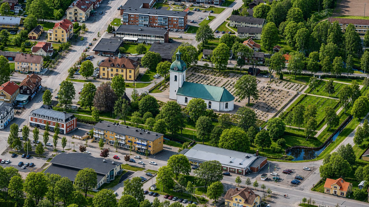 Aerial view of Asa, Sweden, centred on its green-domed church, main street and leafy town blocks
