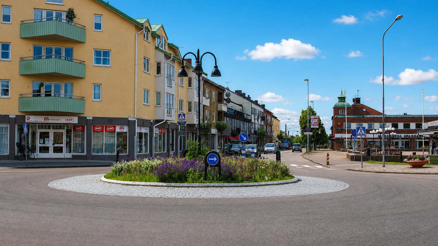 Flower-planted roundabout and town-centre shops with a copper-domed bank in Markaryd, Sweden.