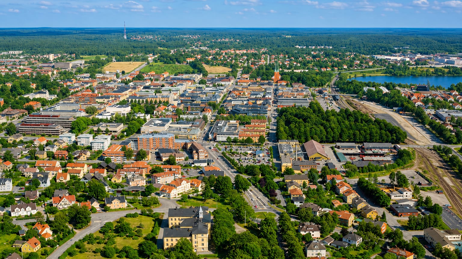 Aerial view over the town of Vaxjo, Sweden, showing orange rooftops, lakes and surrounding forest