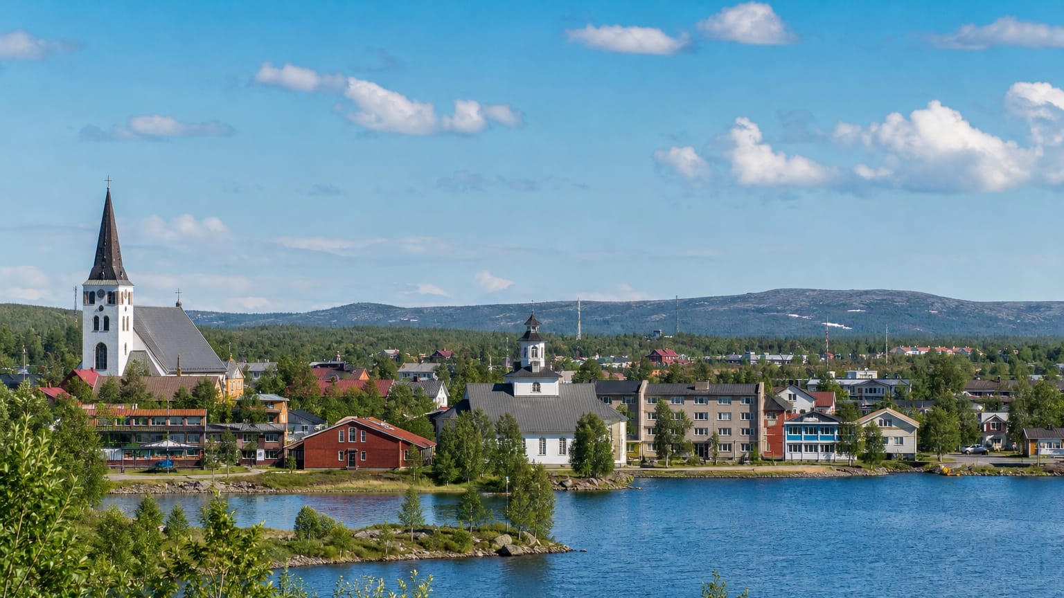 Arjeplog's white church spire rising above lakeside buildings on the shore of Hornavan in Swedish Lapland.